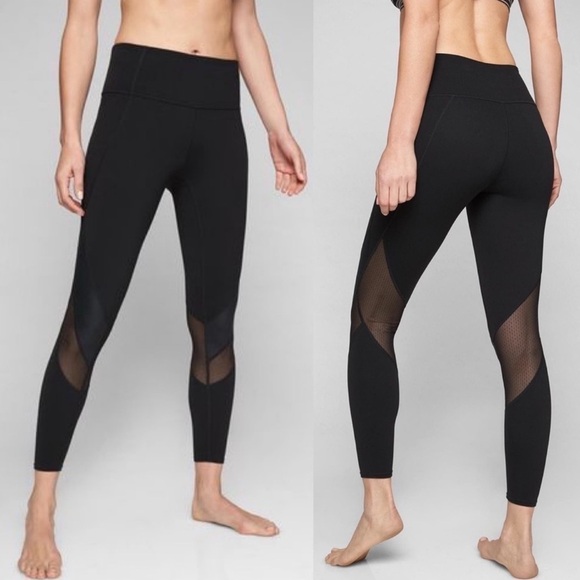 Athleta Black Mesh Shine Salutation 7/8 Tight Black Leggings Yoga Workout Medium - Picture 1 of 8